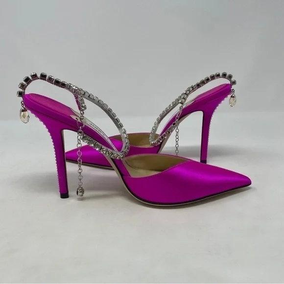 Jimmy Choo Saeda‎ 100mm Ankle Strap Pumps in Fuschia Satin with Crystal Chain - Picture 12 of 16
